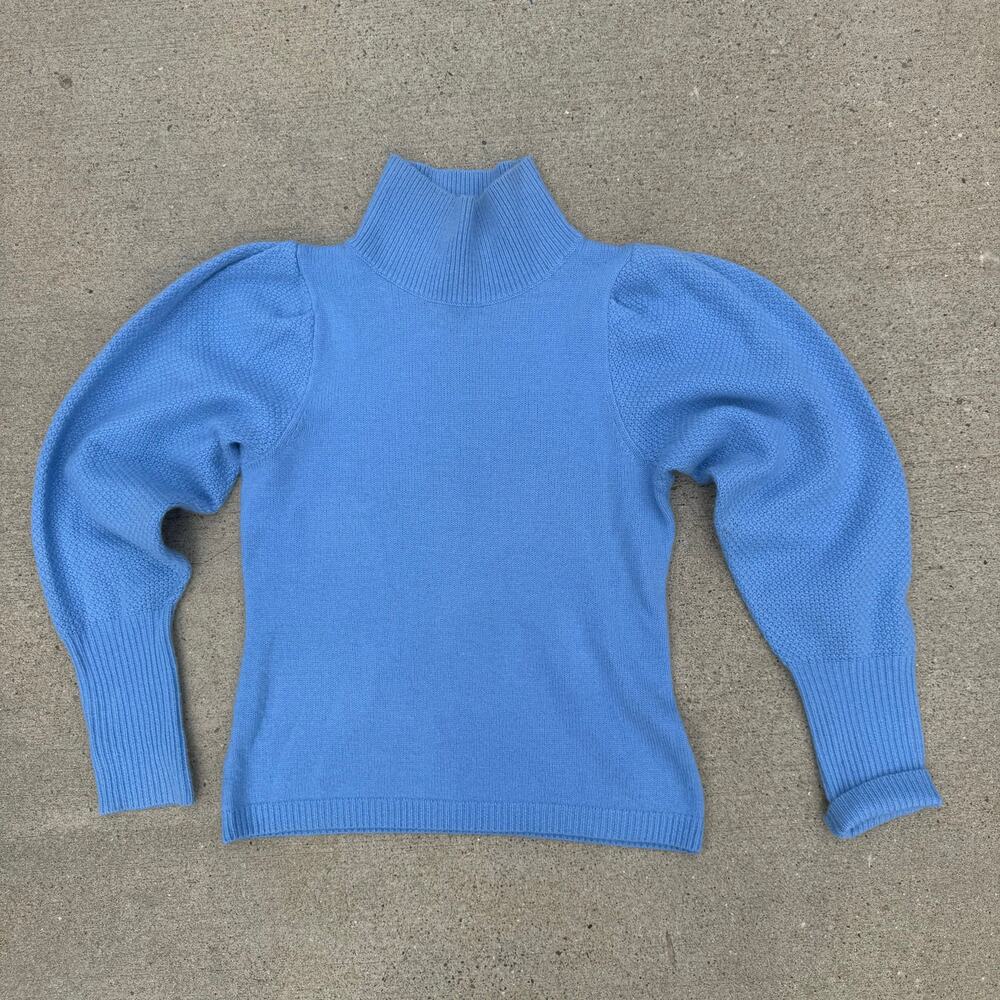 Diane Von Furstenberg Blue Puff Sleeve Wool Cashmere Turtleneck Sweater SMALL